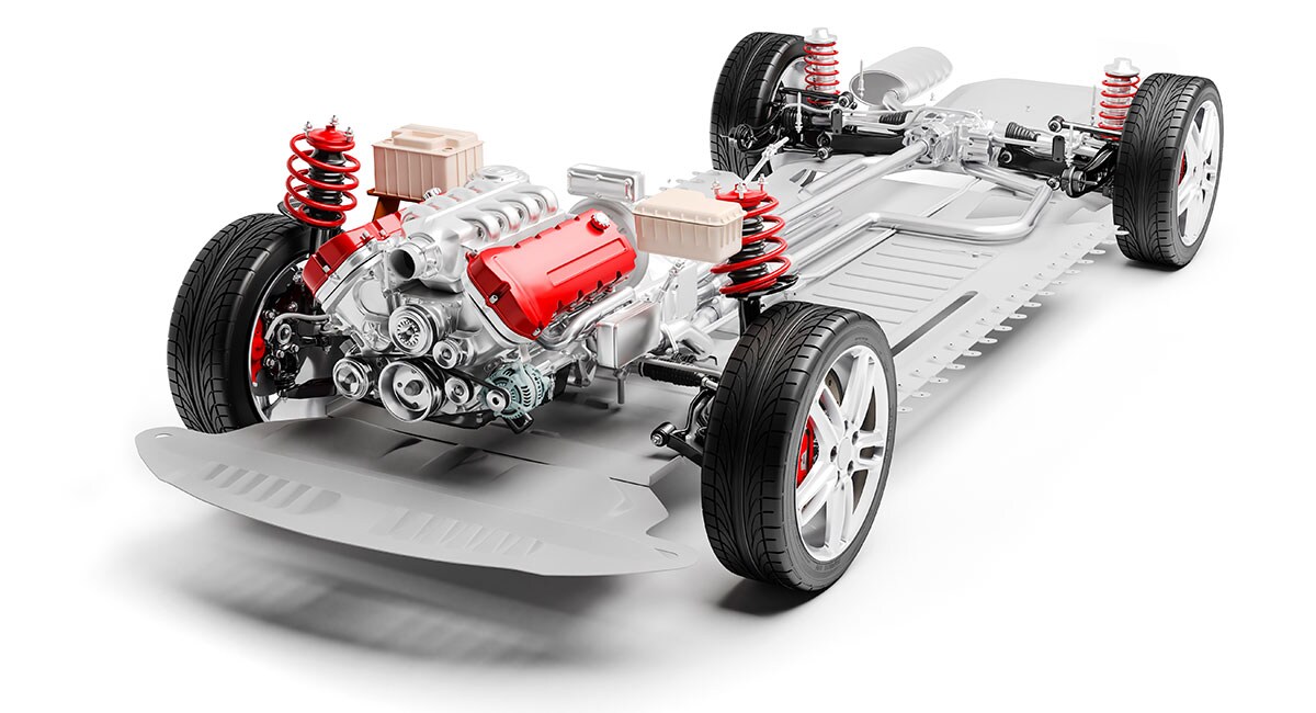Automotive powertrain diagram with tires and frame
